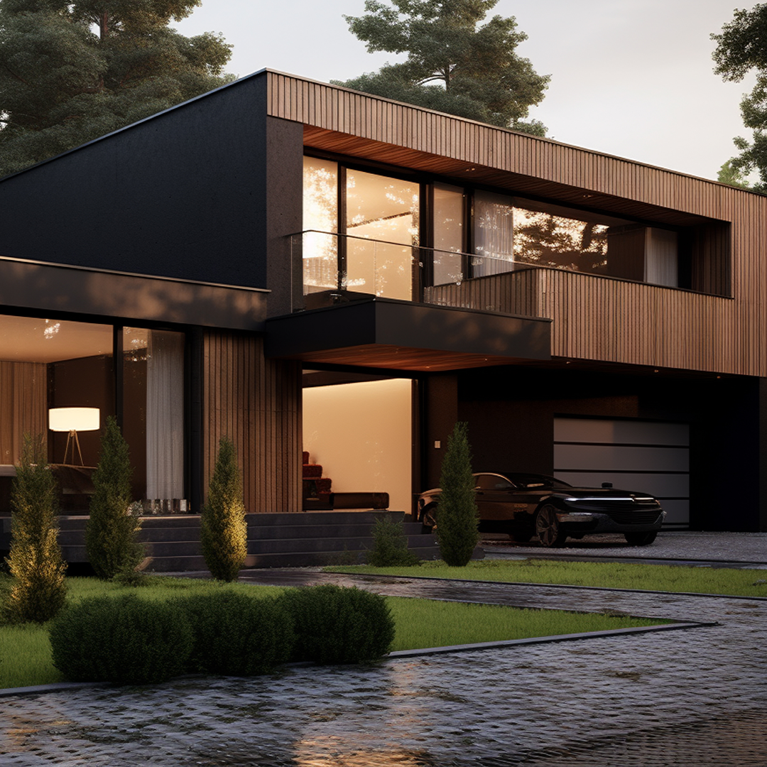 Front view of a house with a pool in front
